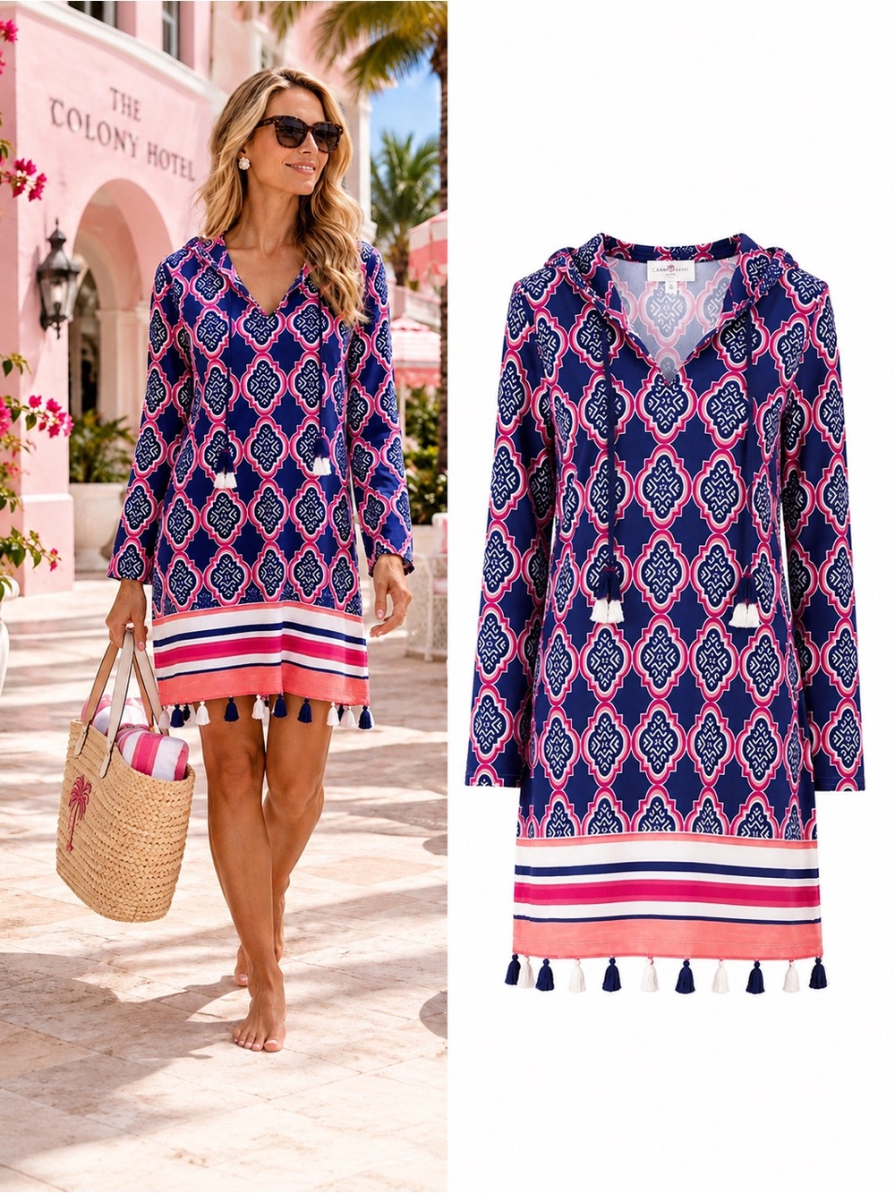 Cabana Life UPF 50+ Hooded Swim Cover Up Tunic Dress Tassel Resort Size Small